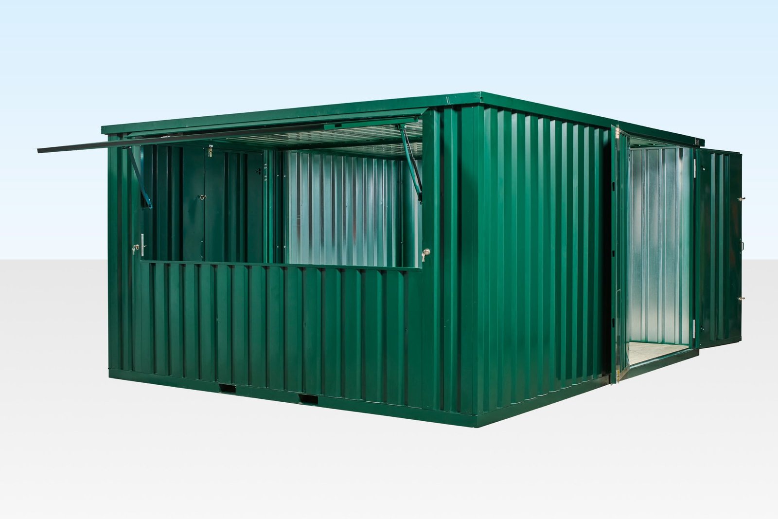 3m x 4.2m Side Linked Flat Packed Kiosk Bundle (RAL6005) 3m x 4.2m Side Linked Flat Packed Kiosk Bundle (RAL6005) - Image 1